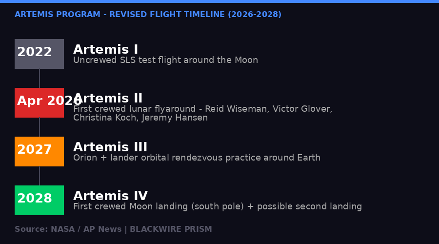 Infographic showing Artemis program timeline 2022-2028