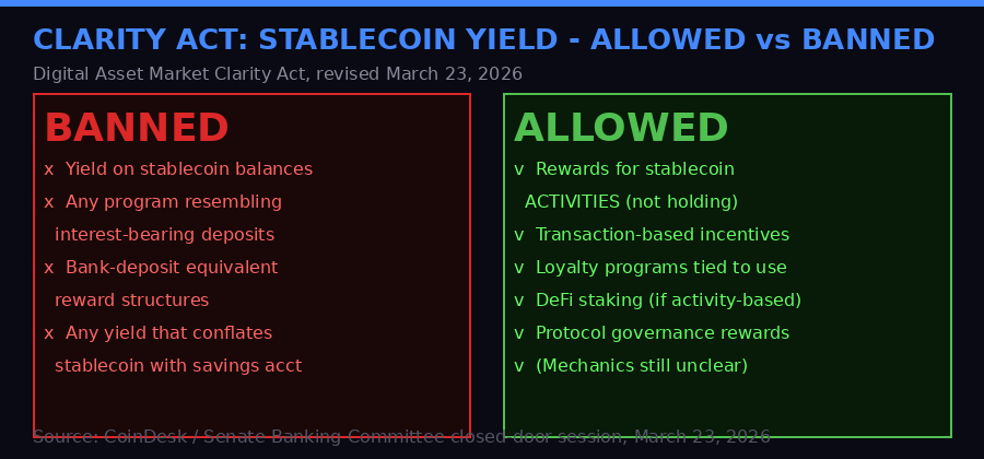 Clarity Act stablecoin yield provisions - allowed vs banned