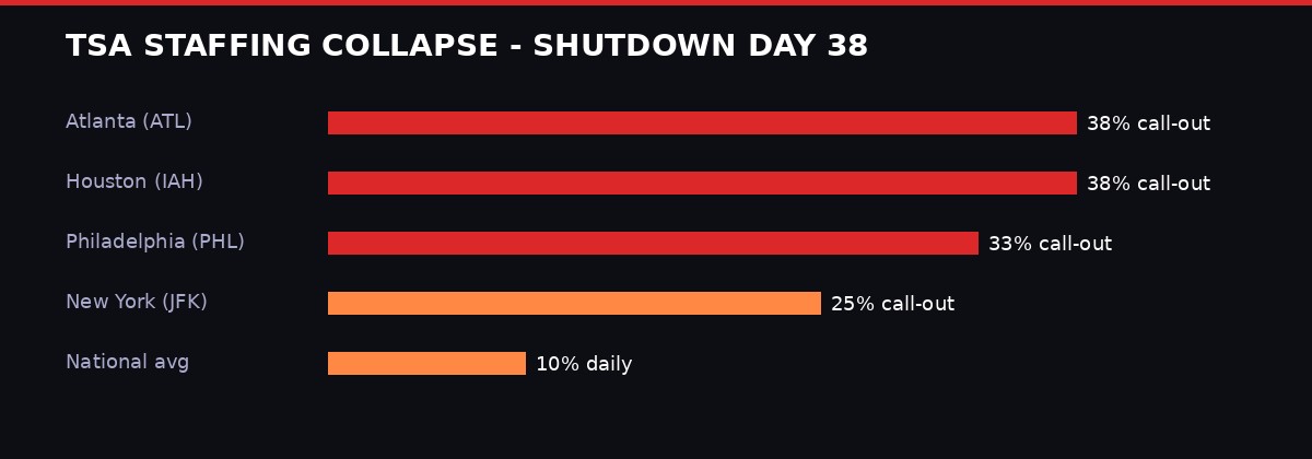 TSA staffing collapse chart showing call-out rates by airport