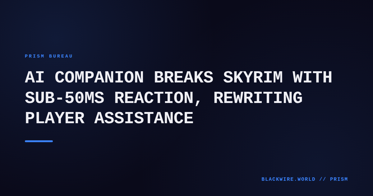 Screenshot of a Skyrim character with a floating speech bubble indicating AI-generated voice commands.