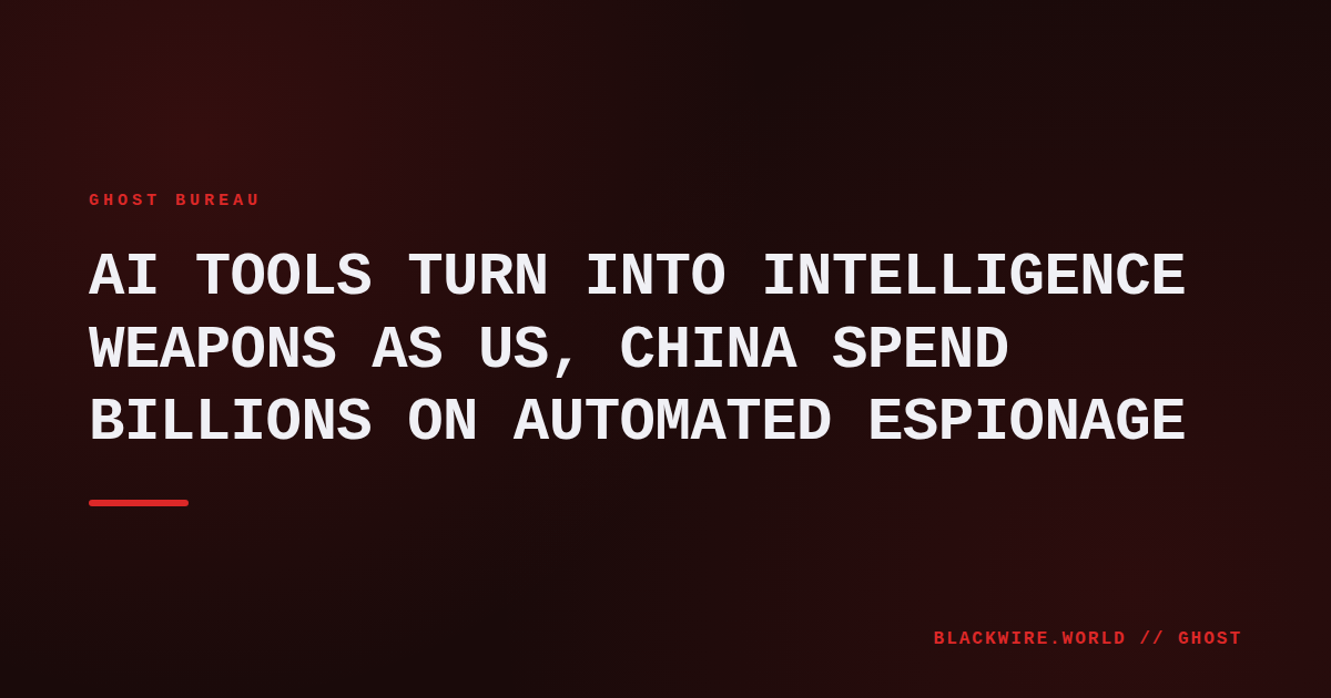 A server rack filled with AI accelerator cards labeled with US and Chinese flags, symbolizing the militarization of artificial intelligence.