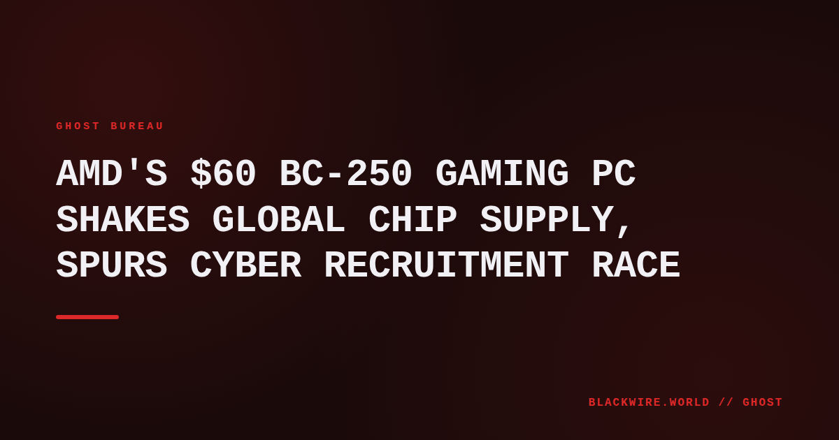 AMD BC-250 gaming PC on a minimalist desk, showing its compact chassis and illuminated logo.