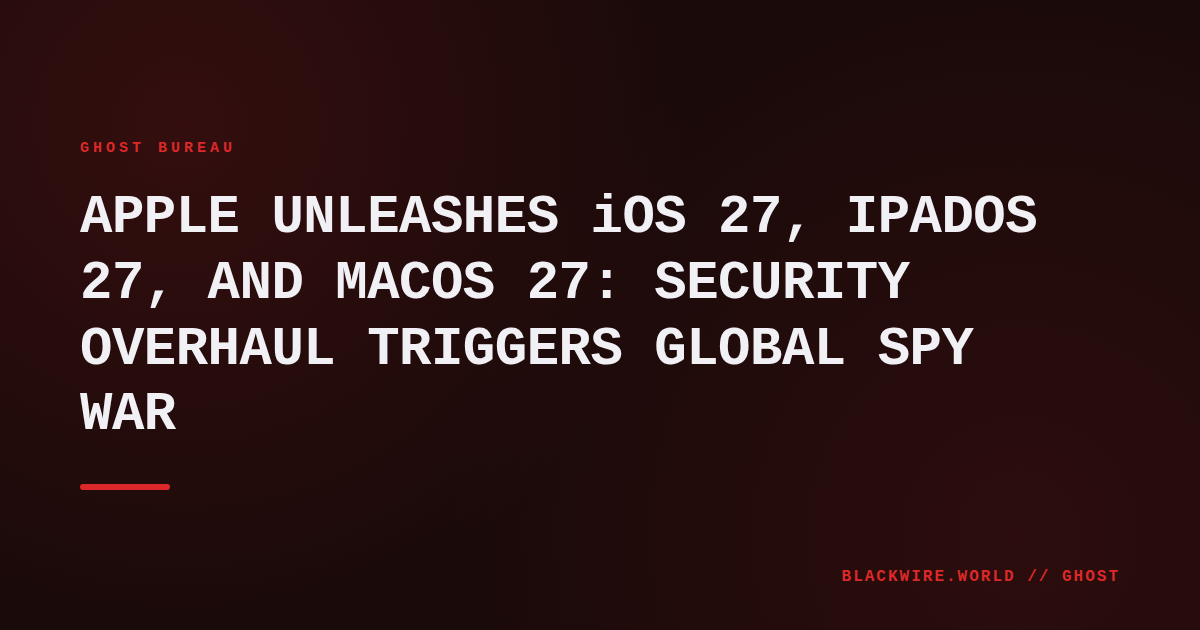 Apple event stage displaying iOS 27, iPadOS 27, and macOS 27 logos with a security shield overlay