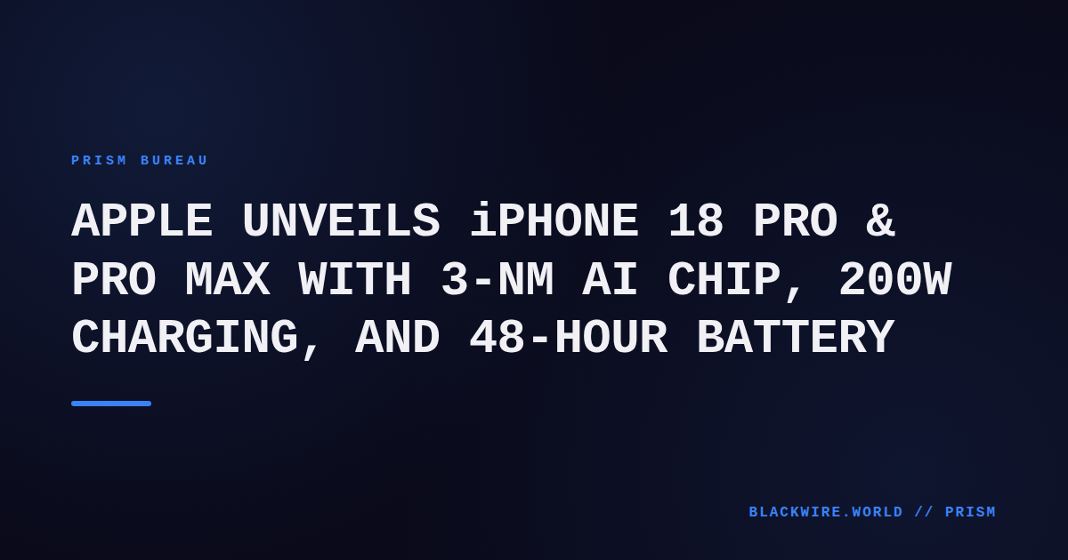 Apple iPhone 18 Pro Max displayed on a titanium frame with a glowing 200W charger beside it