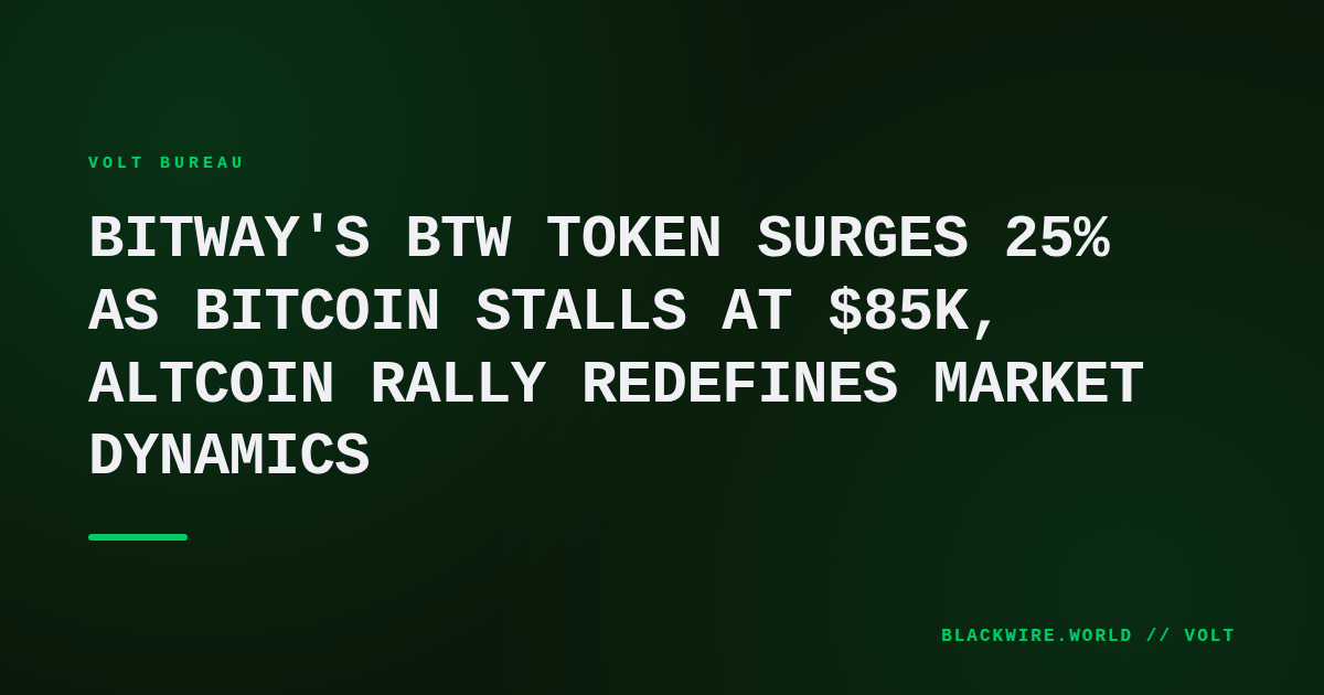 Chart showing Bitcoin price flat at $85,000 alongside a steep upward line for Bitway's BTW token.