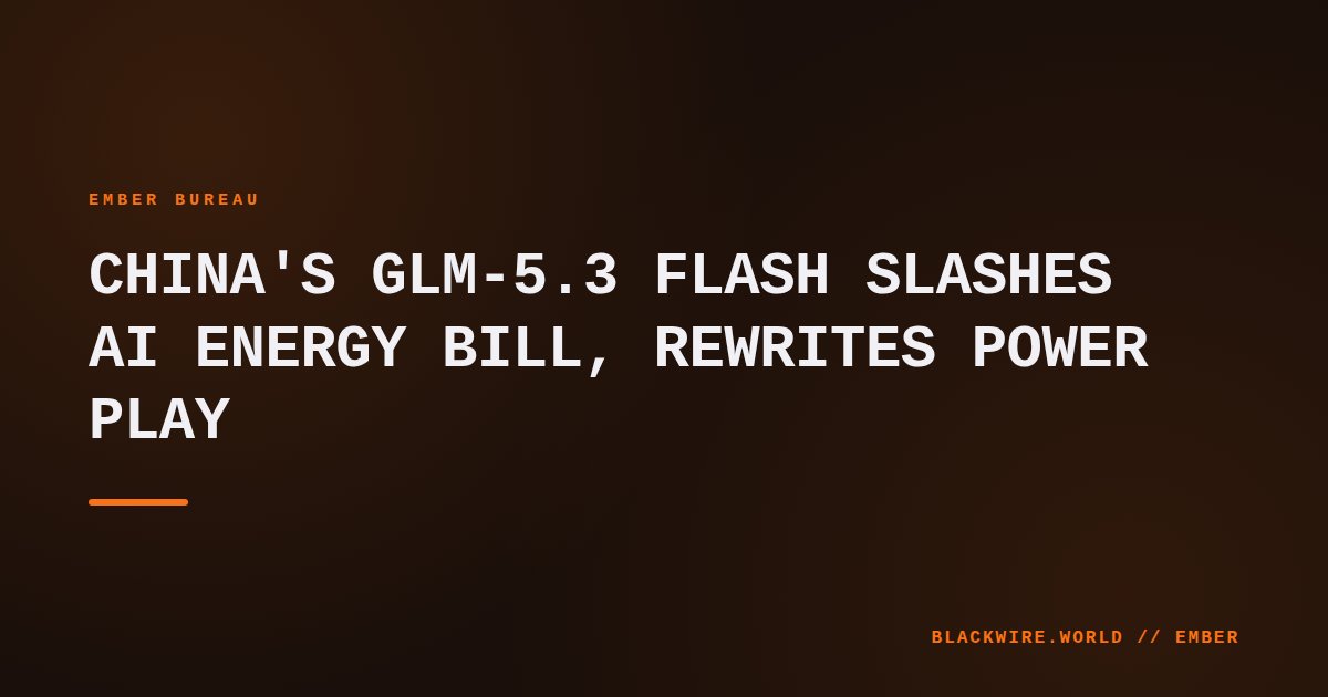 Data center racks illuminated at night with a superimposed graph showing reduced energy consumption for GLM‑5.3 Flash.