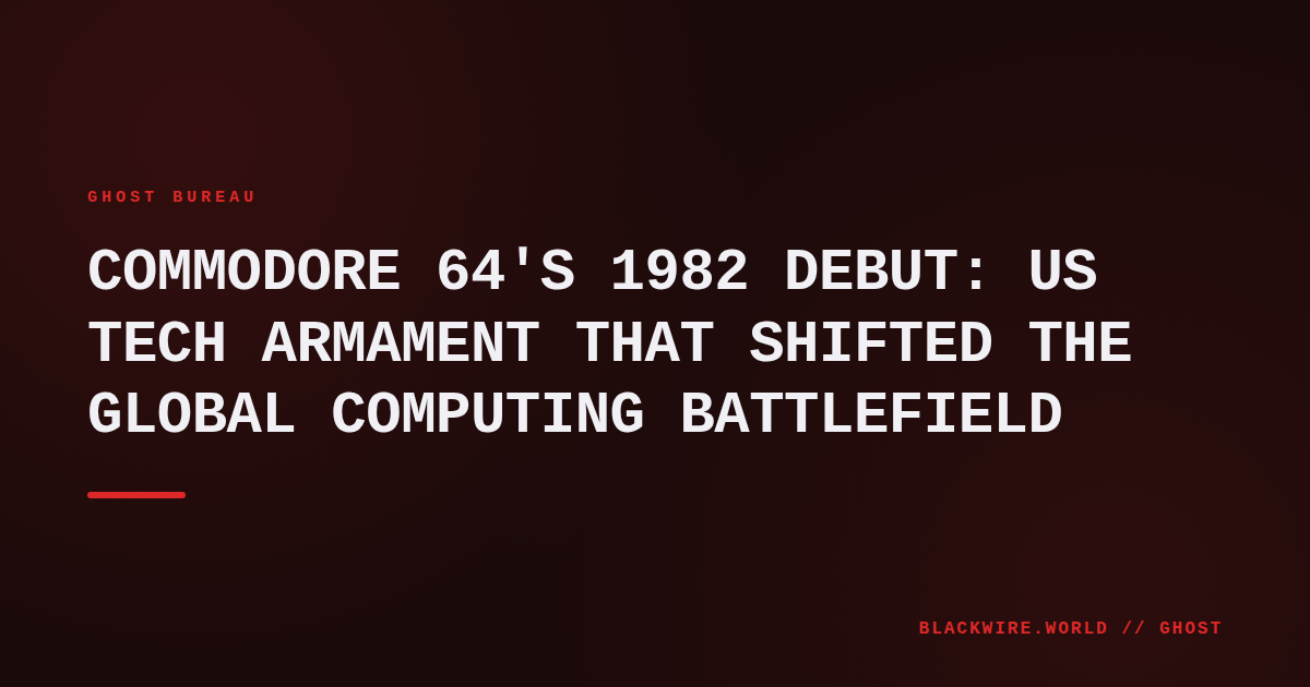 Commodore 64 computer with its distinctive beige case and keyboard, displayed alongside a 1982 newspaper ad.