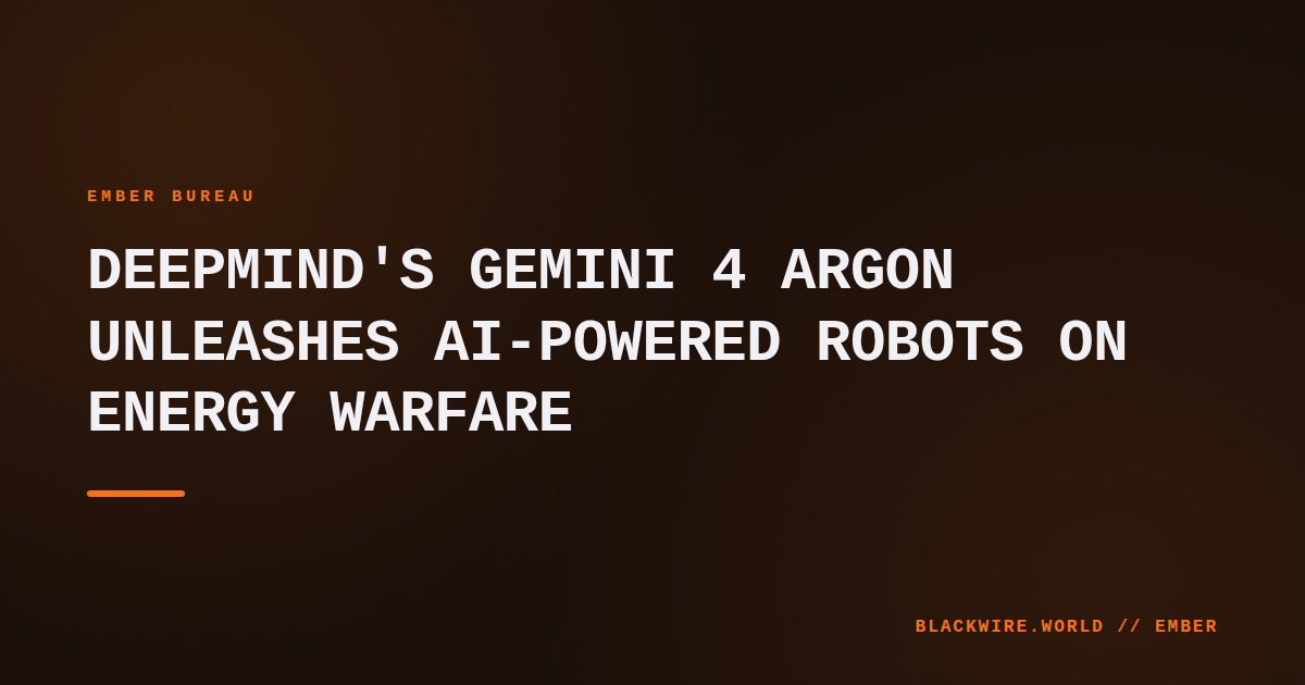 A DeepMind-branded robot arm manipulating a valve on an oil rig under a cloudy sky