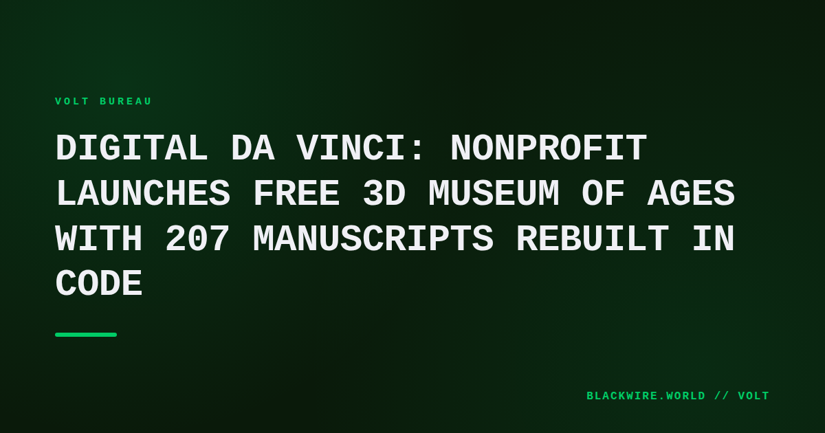 A virtual recreation of Leonardo da Vinci's workshop rendered in WebGL, showing a 3D model of the Mona Lisa at true size.