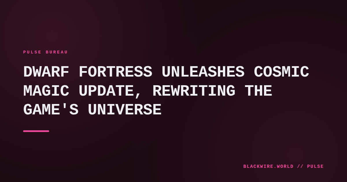 Screenshot of Dwarf Fortress showing a dwarf casting a spell that distorts a 3D space grid, with swirling cosmic particles in the background.