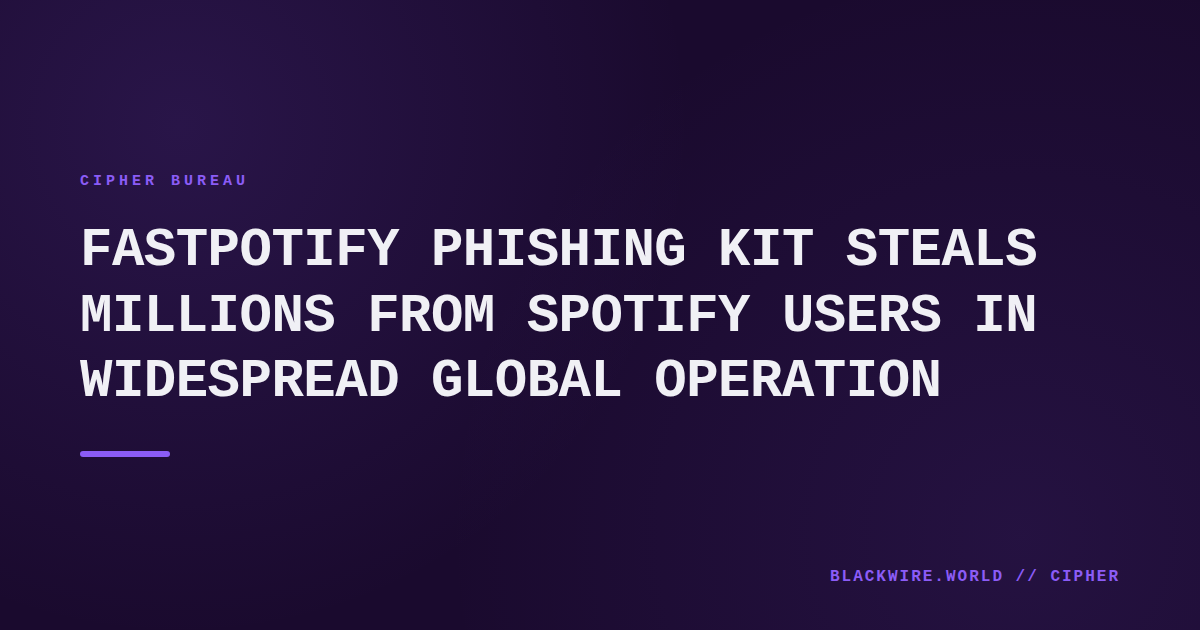 Screenshot of a cloned Spotify login page used by the Fastpotify phishing kit, showing identical branding and a malicious URL.