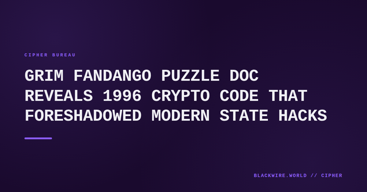 Scanned page of the Grim Fandango puzzle document showing hex strings and processor diagrams