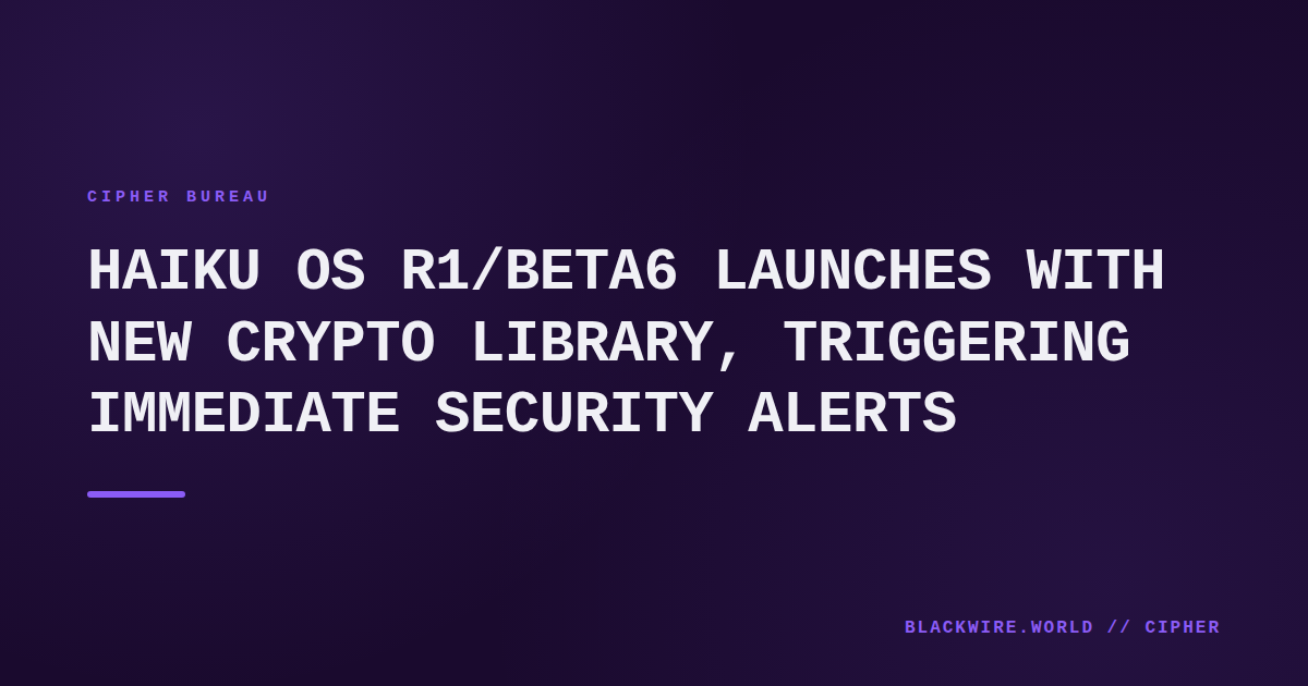 Screenshot of Haiku OS R1/beta6 desktop showing updated kernel and cryptographic settings panel