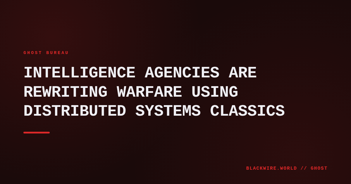 Diagram of a distributed consensus network overlaid with intelligence agency symbols