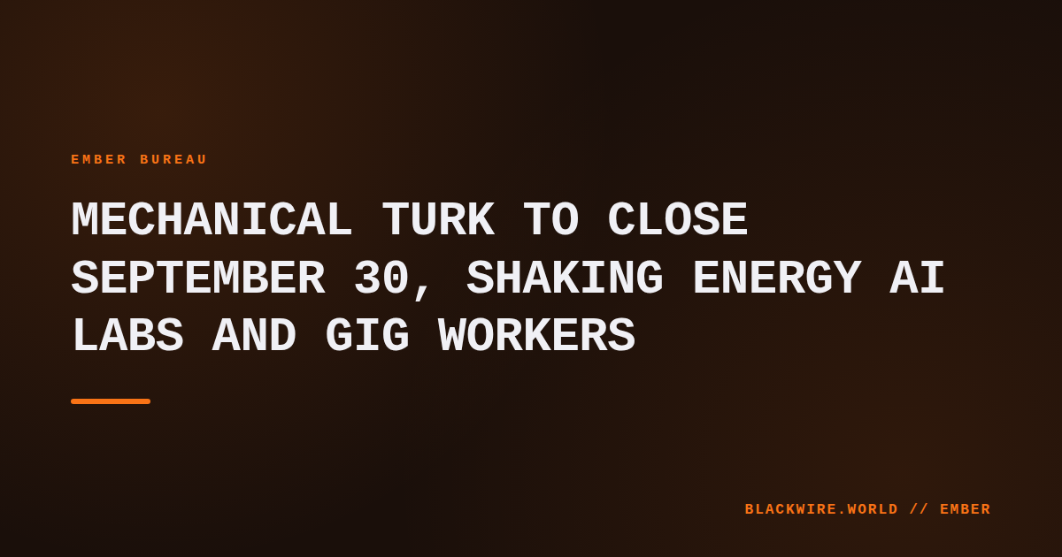 Screenshot of Mechanical Turk homepage with a 'Service Termination' banner overlay