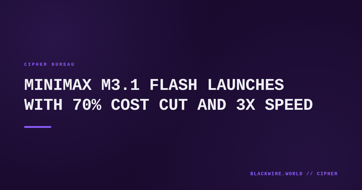MiniMax M3.1 Flash logo displayed on a dark background with speed and cost icons