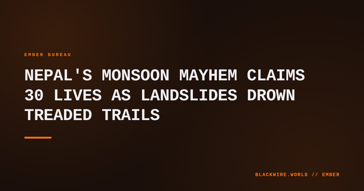 Helicopter hovering over a cloud‑shrouded Himalayan ridge, rescuing trekkers amid landslide debris