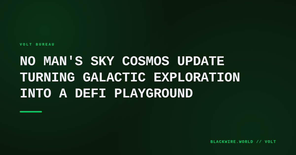 Screenshot of No Man's Sky Cosmos update showing the in‑game token marketplace overlay on a planetary surface.