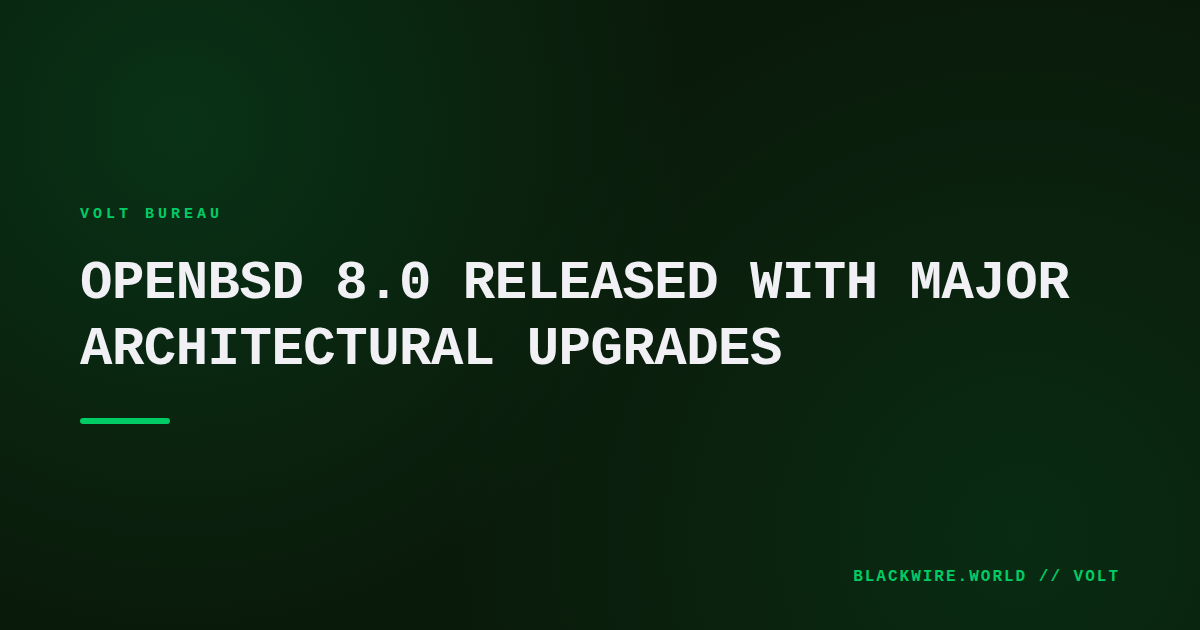 OpenBSD 8.0 release banner showing version number and artwork by yvaneht nioj and clanker