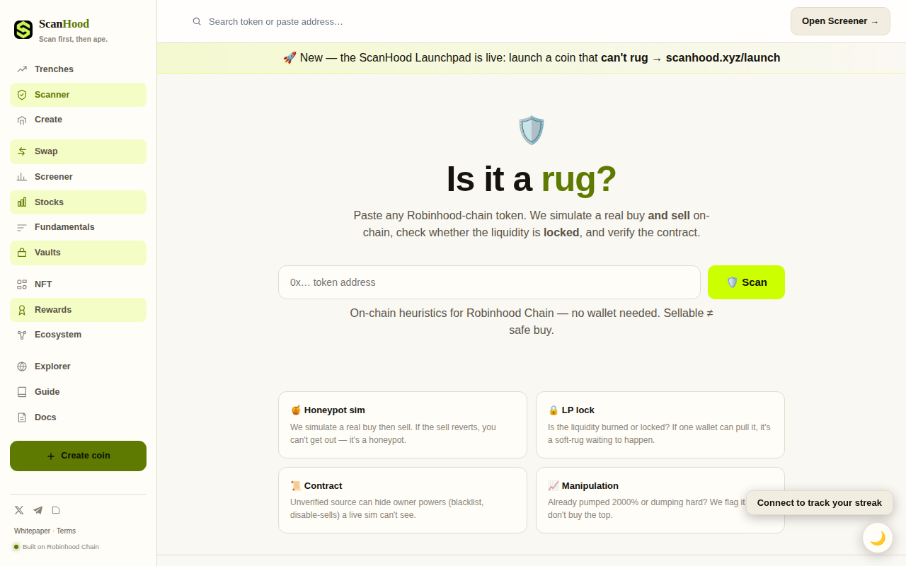 Chart showing ScanHood safety scan results for Robinhood-Chain tokens on August 22, 2026.