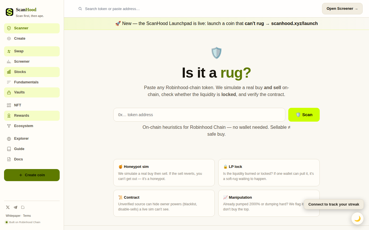 Screenshot of ScanHood dashboard showing 422 Robinhood-Chain tokens scanned with caution and danger flags