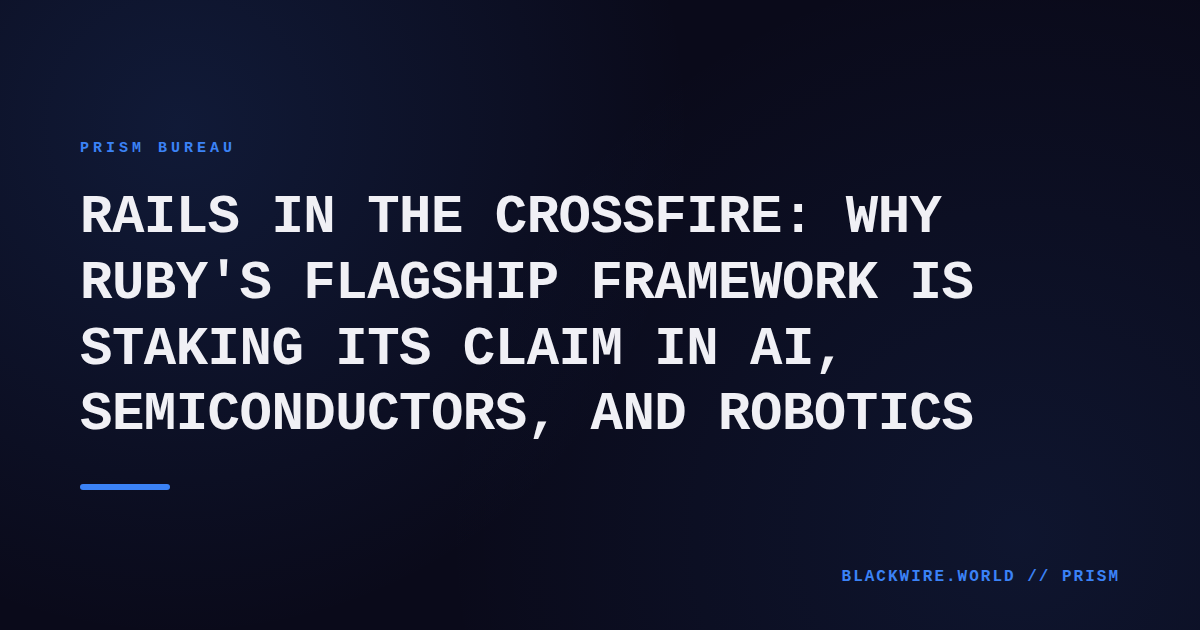 A split-screen image showing Ruby on Rails logo on one side and a modern AI server rack on the other, illustrating the clash of old and new tech.