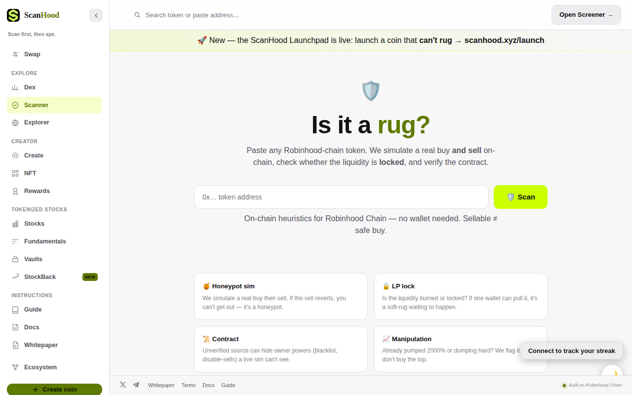 Dashboard view of ScanHood live scanner showing token safety categories for Robinhood‑Chain