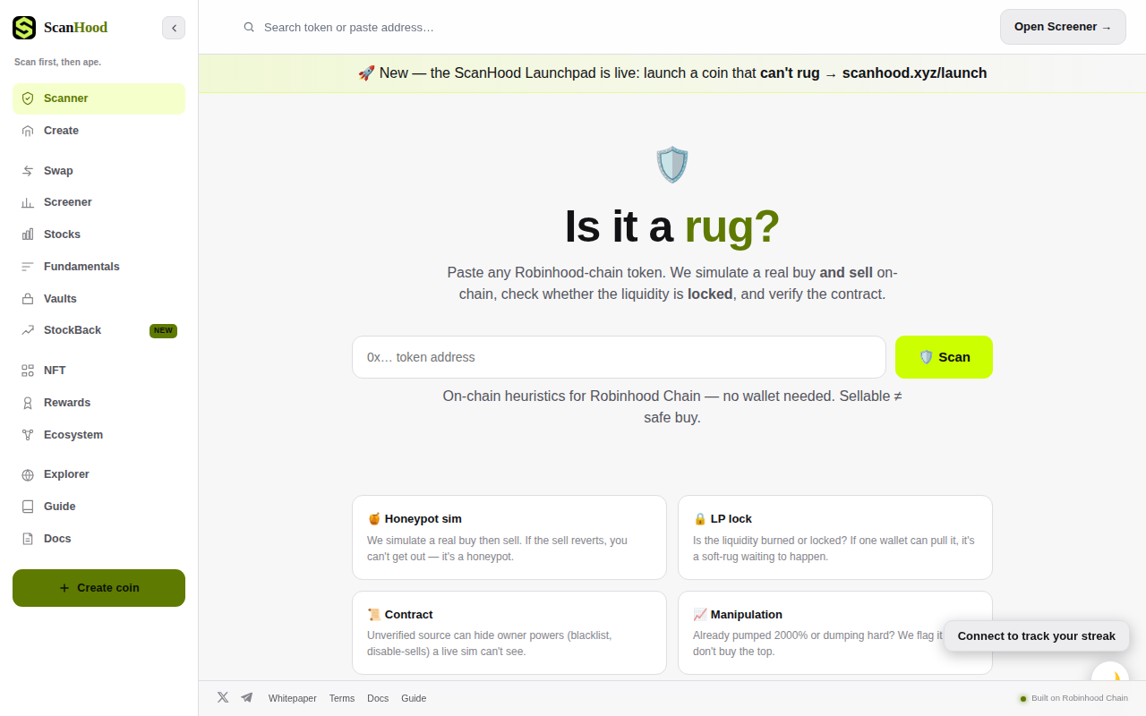 Screenshot of ScanHood’s token safety dashboard showing pass, caution, and danger counts for Robinhood‑Chain.