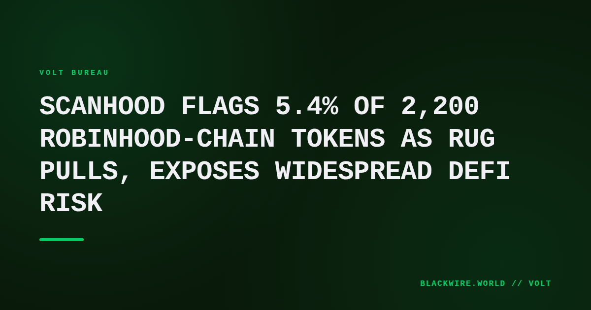 Heatmap of ScanHood token safety categories on Robinhood-Chain, showing red danger flags and yellow cautions.