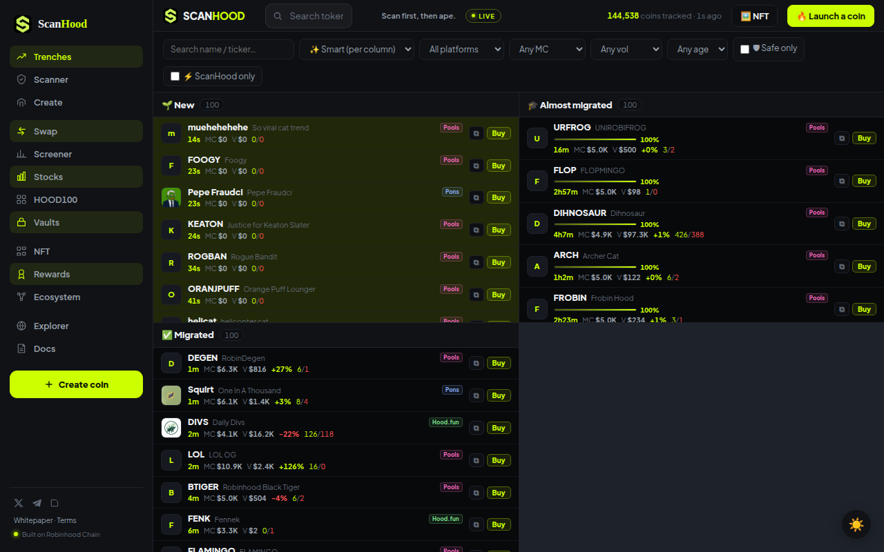 A screenshot of ScanHood's Trenches Terminal, showcasing the real-time updates and discovery of new coins