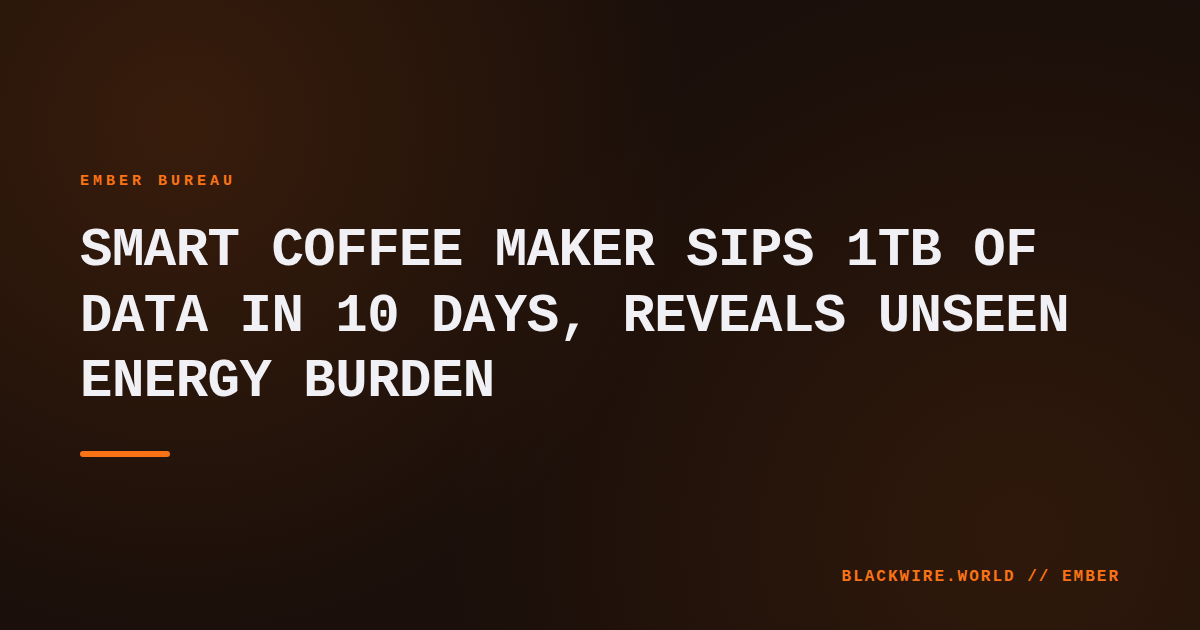 Close-up of a smart coffee machine with glowing Wi‑Fi indicator and data flow graphics overlay.