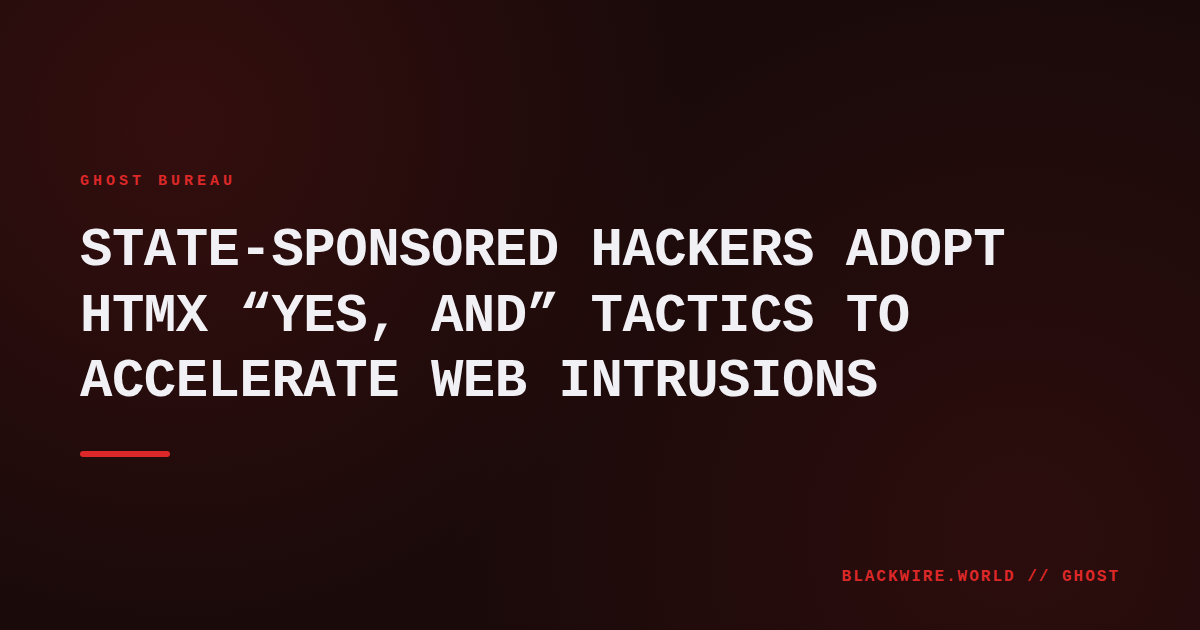 Code snippet showing htmx hx-get attribute embedded in a compromised webpage