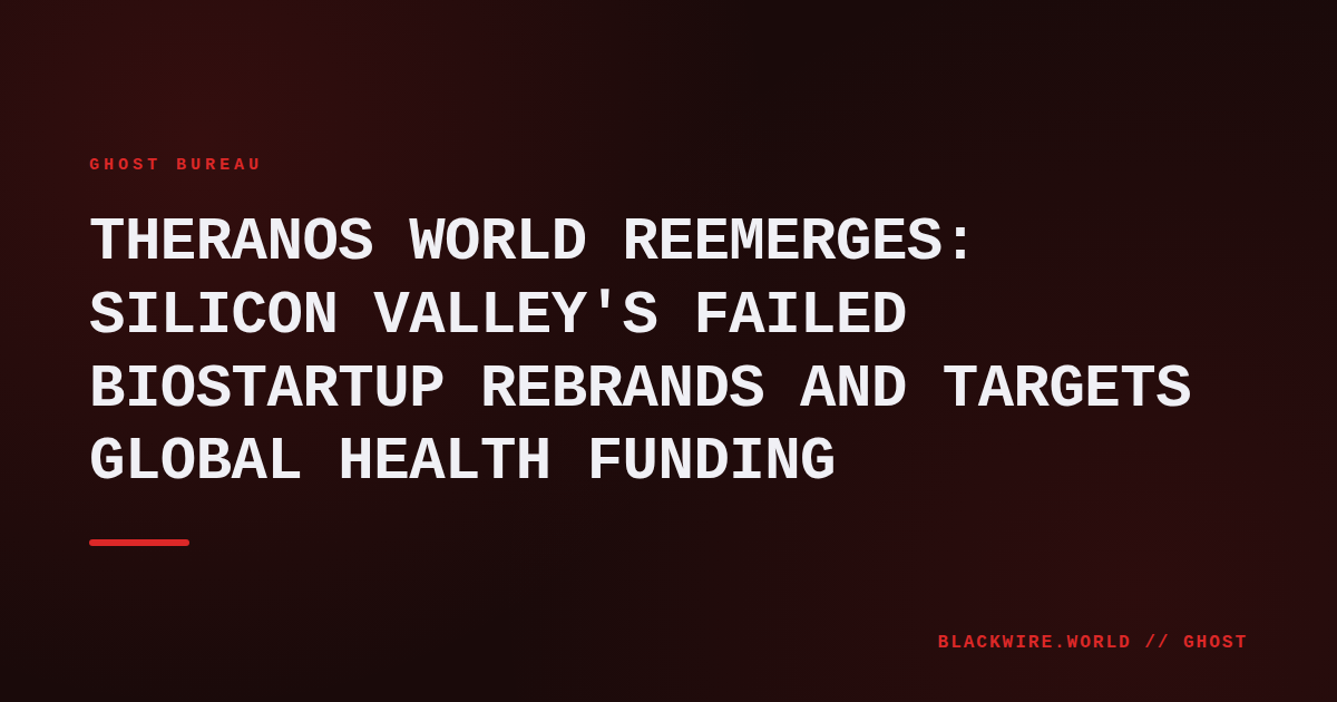 Theranos.world logo on a dark background, overlaid with a stylized blood drop icon