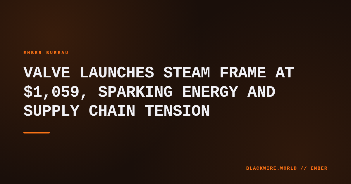 Valve Steam Frame gaming tower with LED lighting, displayed on a wooden desk beside a power meter.