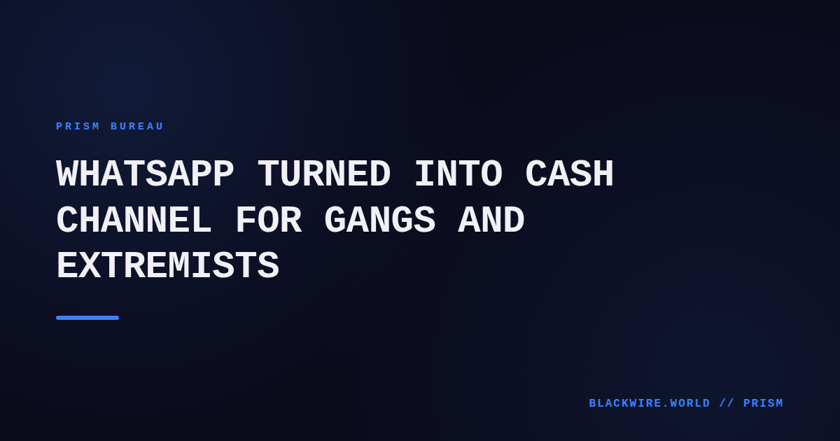 Police officers examining a stack of cash bundles in a warehouse, with a WhatsApp logo superimposed.