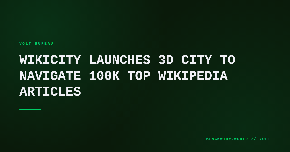 Screenshot of WikiCity showing a 3D skyline of Wikipedia article buildings with navigation controls