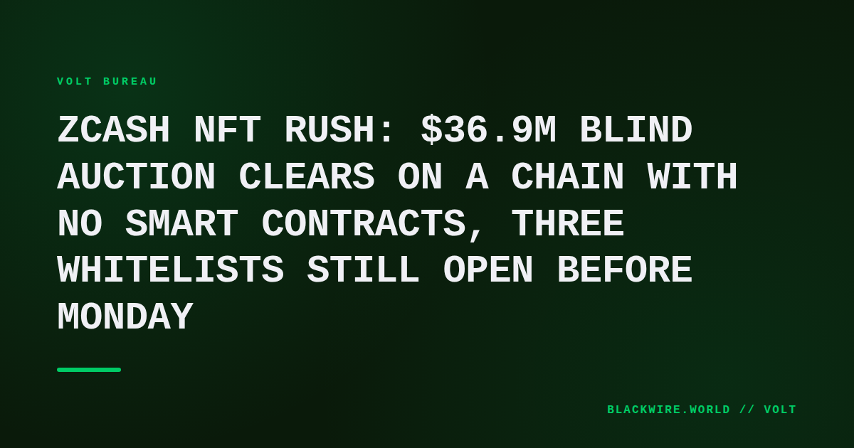 BLACKWIRE headline card: Zcash NFT rush, $36.9M blind auction clears, three whitelists still open