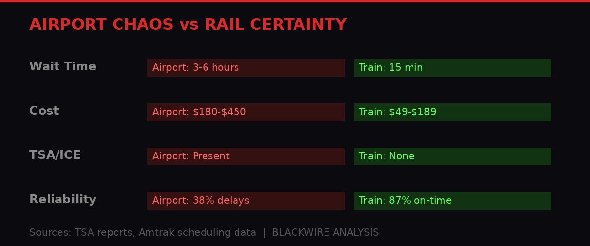 Infographic comparing airport chaos to train certainty