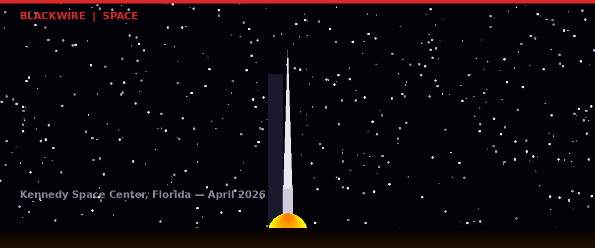 Space Launch System rocket on the launch pad at Kennedy Space Center at night, engine glow on horizon