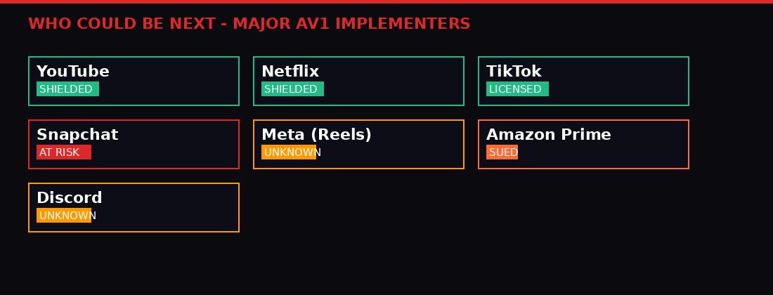 Who is exposed to AV1 patent risk