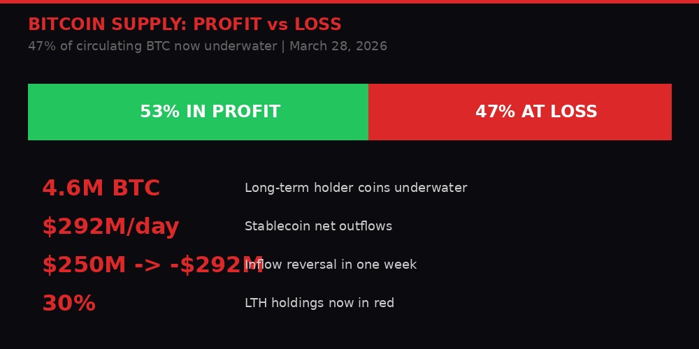 Bitcoin supply profit vs loss visualization showing 47% at loss