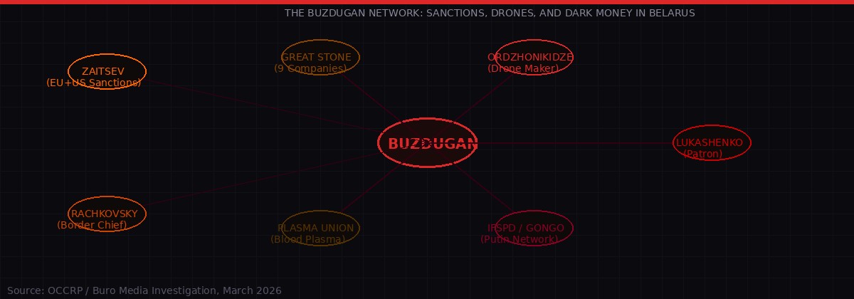 Buzdugan network diagram - connections to Lukashenko, Zaitsev, Russian drone makers
