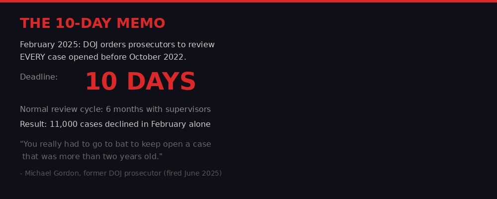 Infographic showing the 10-day deadline DOJ gave prosecutors to review all cases