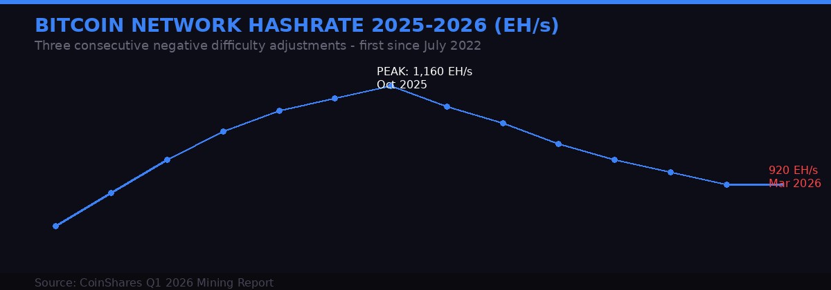 Bitcoin network hashrate decline 2025-2026