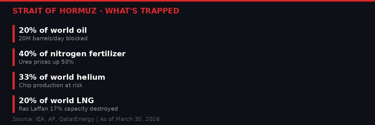 Infographic showing commodities trapped behind the Strait of Hormuz