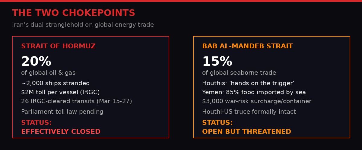 Two chokepoints infographic: Strait of Hormuz vs Bab al-Mandeb
