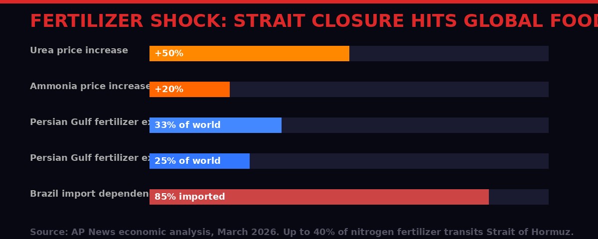 Fertilizer price shock and global food supply impact infographic