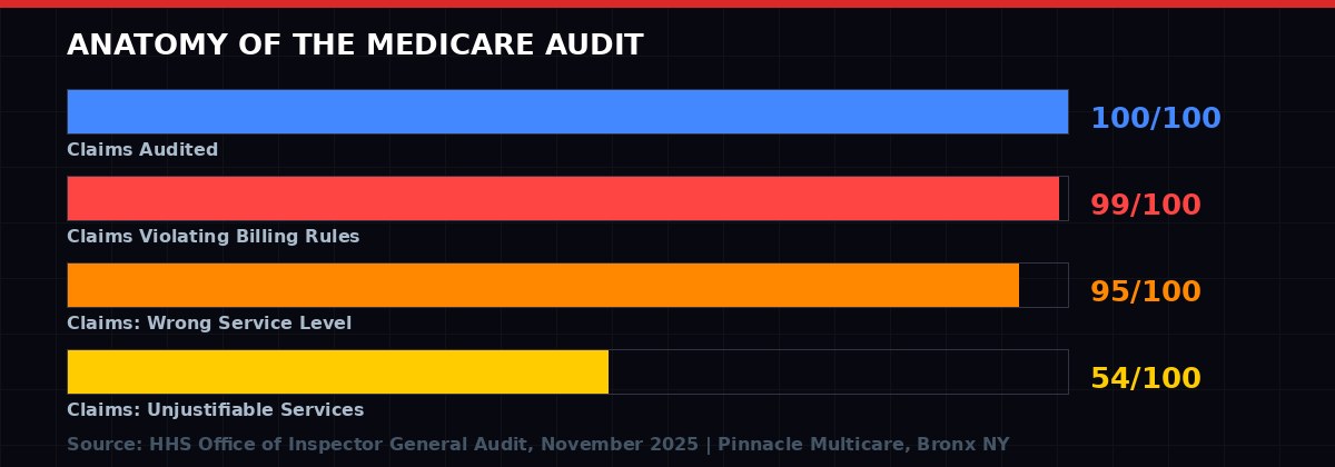 Bar chart showing HHS Inspector General audit results: 99 of 100 claims at Pinnacle violated Medicare billing rules