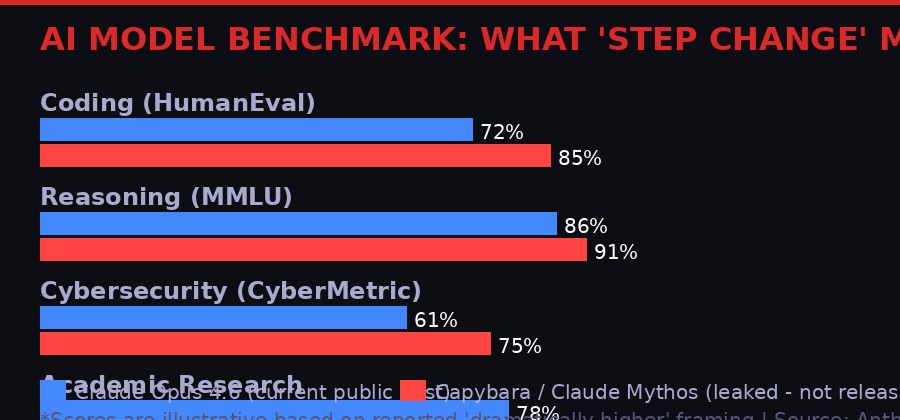 Bar chart comparing Claude Opus 4.6 vs Capybara Mythos benchmark scores across coding, reasoning, cybersecurity domains