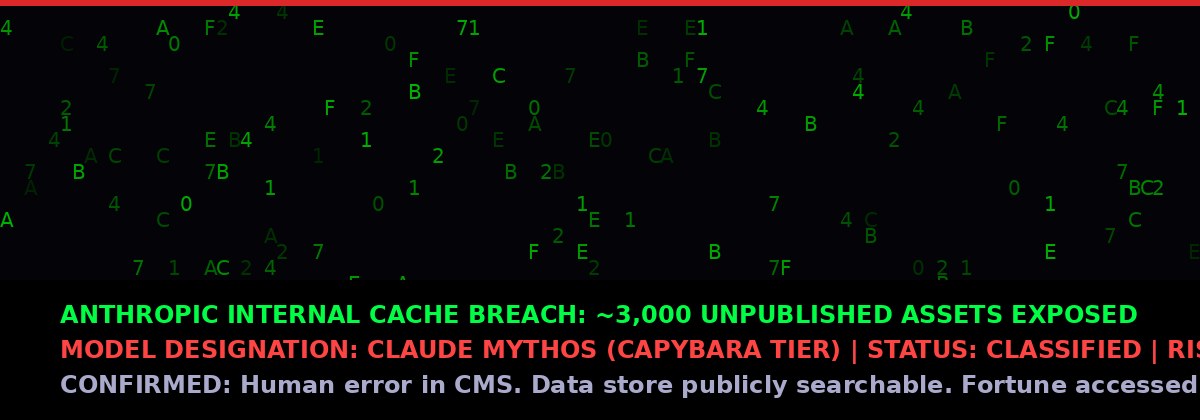 Terminal-style display showing Anthropic's Claude Mythos classified AI model breach details